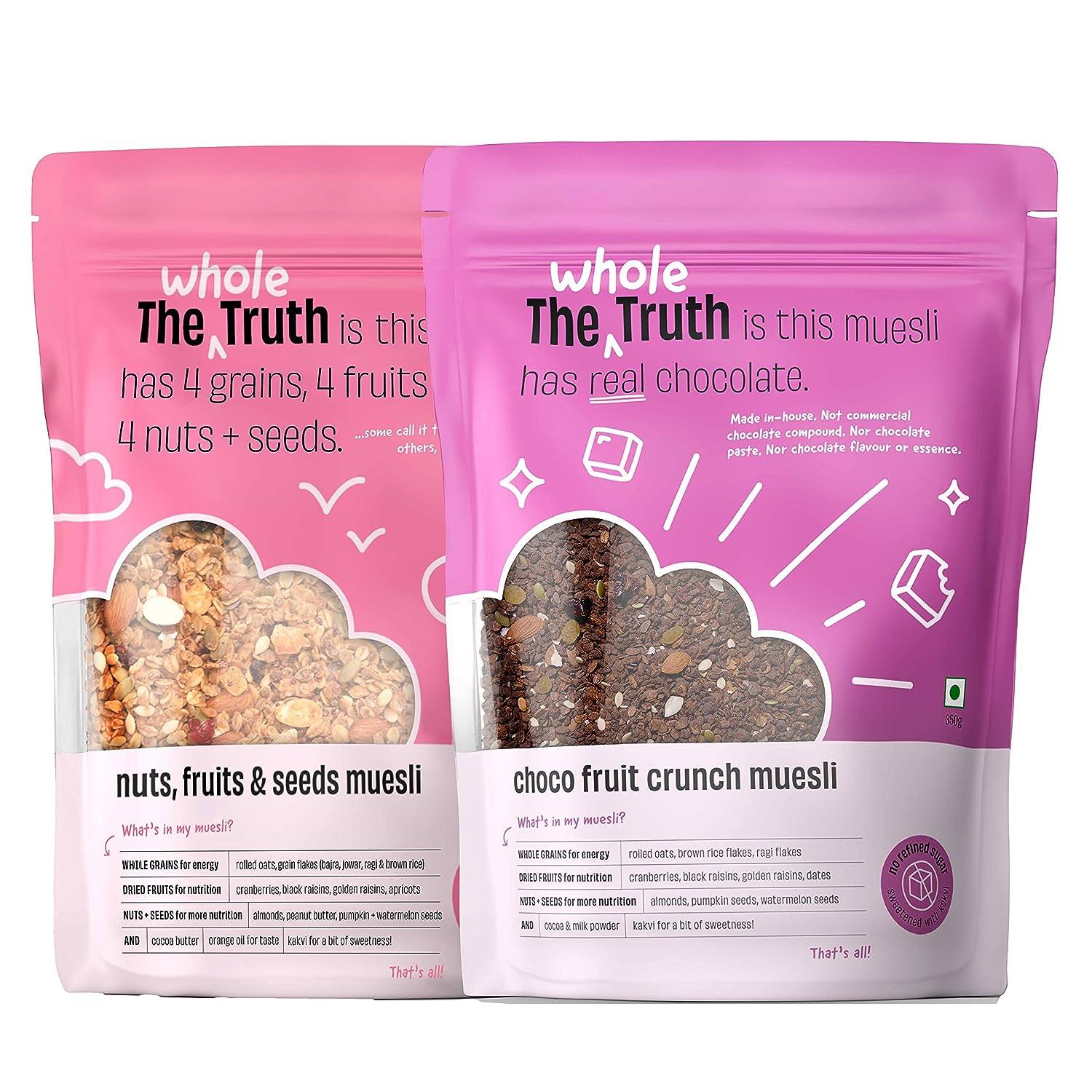 The Whole Truth - Breakfast Combo - Nuts, Fruits and Seeds Muesli (350g) + Choco Fruit Crunch Muesli (350g) - No Added Sugar - No Preservatives