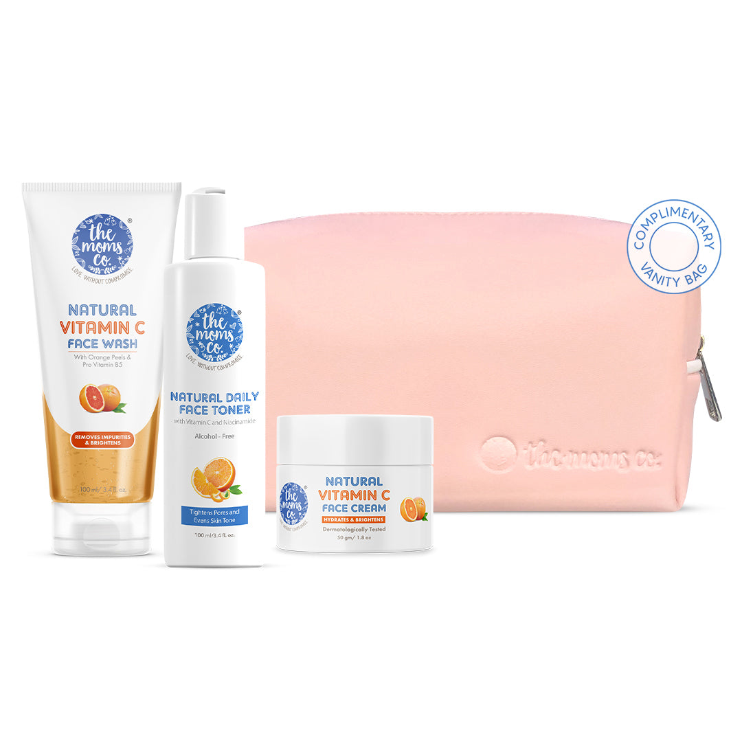 The Moms Co. Vitamin C Routine Kit |All Day Glow | Face Wash I Toner I Cream l Free Vanity Bag 