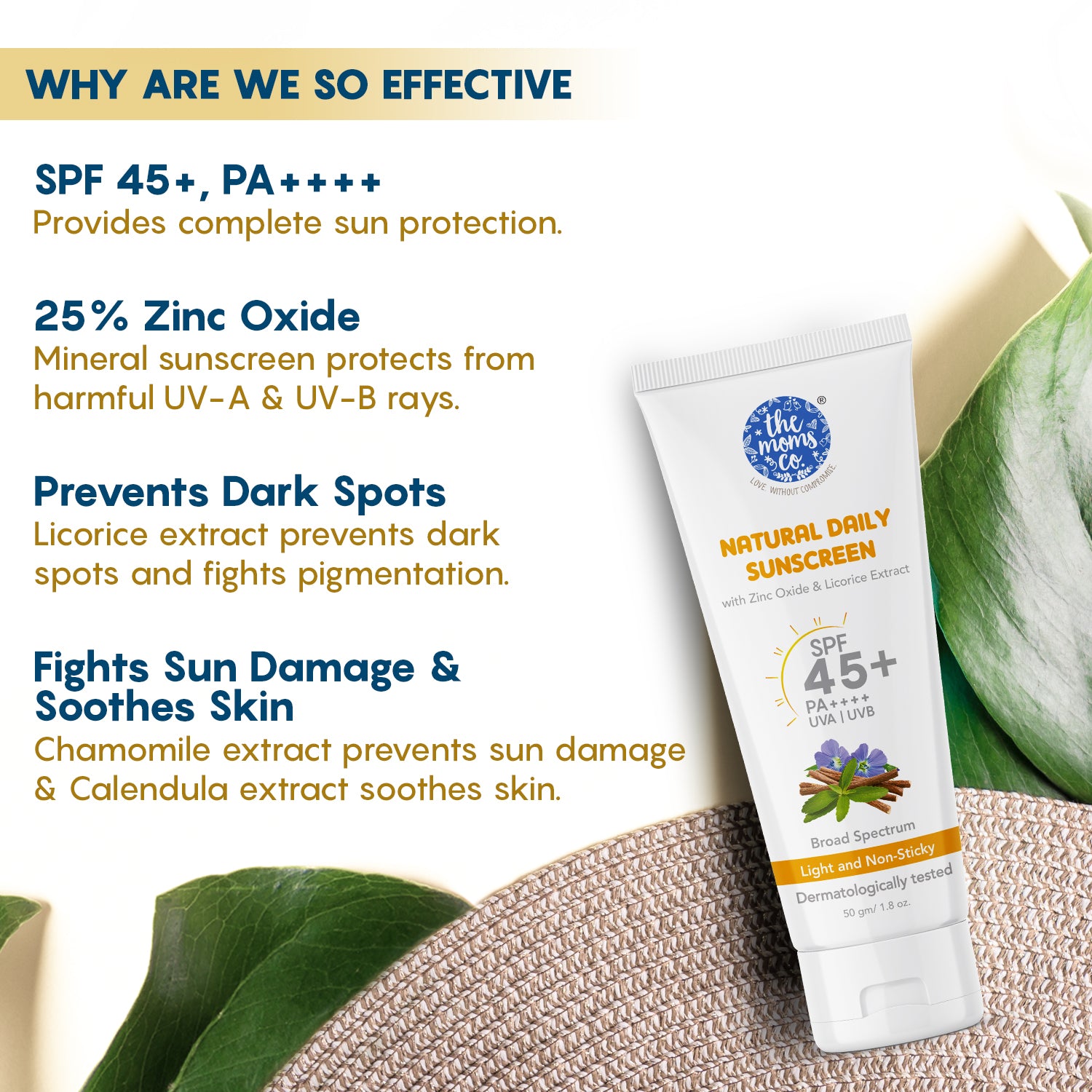The Moms Co. Mineral Sunscreen for Women & Men with 25% Zinc Oxide | SPF 45+ PA++++ | Non-Greasy | Protection from UVA & UVB | No White Cast | Dermatologically Tested- 50 Gm