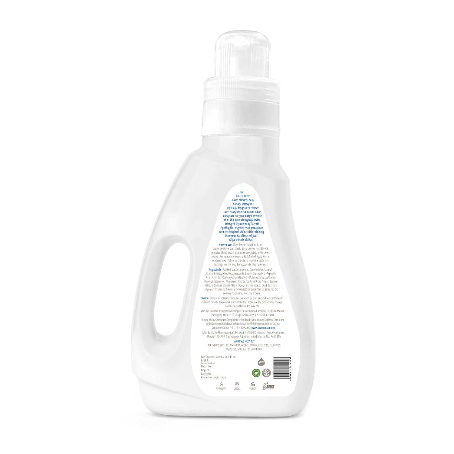 The Moms Co. Natural Baby Laundry Detergent Liquid| 2-in-1 Cleans & Conditions| Plant-Based with Bio Enzymes & Fabric Softener I Color Protection-500 ml