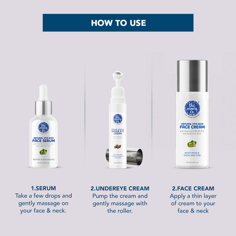 The Moms Co. 24 Hour Skincare Starter Kit | With Natural Vita Rich Face Serum, Cream And Under Eye Cream