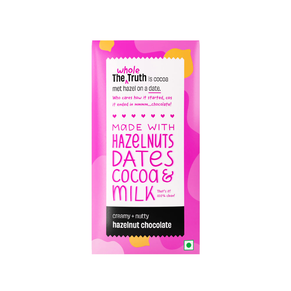 The Whole Truth - Hazelnut Chocolate - Pack of 6 x 50g Bars - No added sugar, No chocolate compound, Sweetened with dates