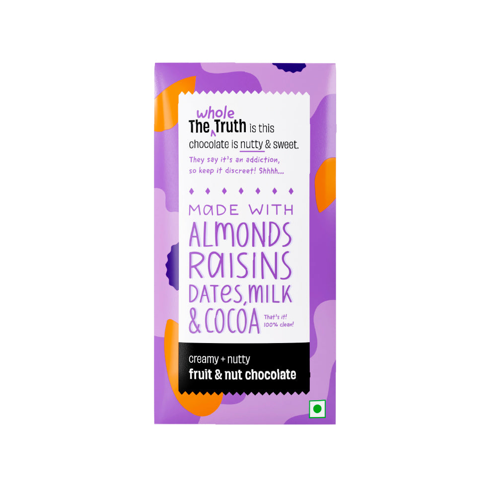 The Whole Truth - Fruits and Nuts Milk Chocolate - Pack of 6 Bars - No added sugar, No chococlate compound, Sweetened with dates