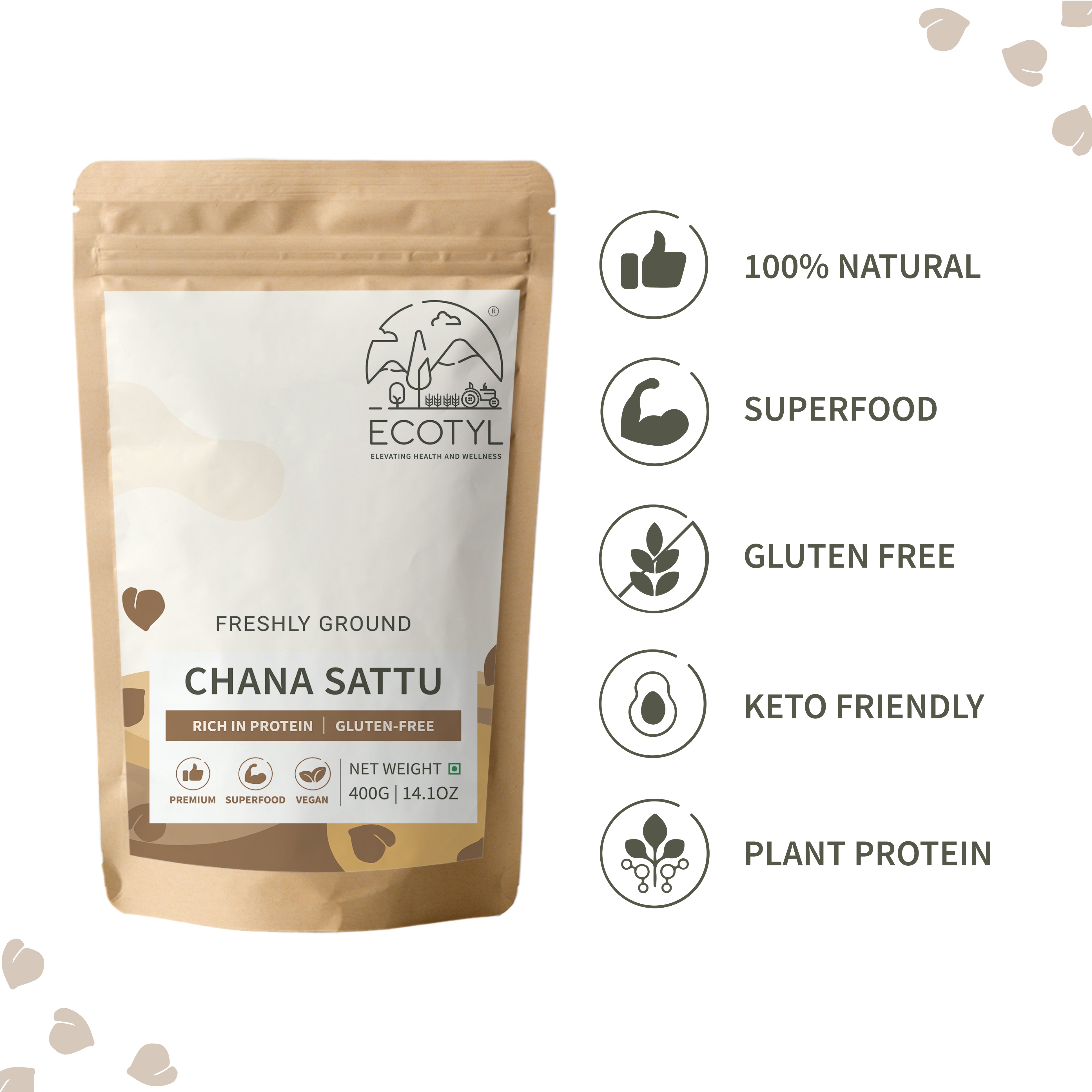 Ecotyl Sattu Powder | Roasted Gram Flour | Plant Based Protein | 400g