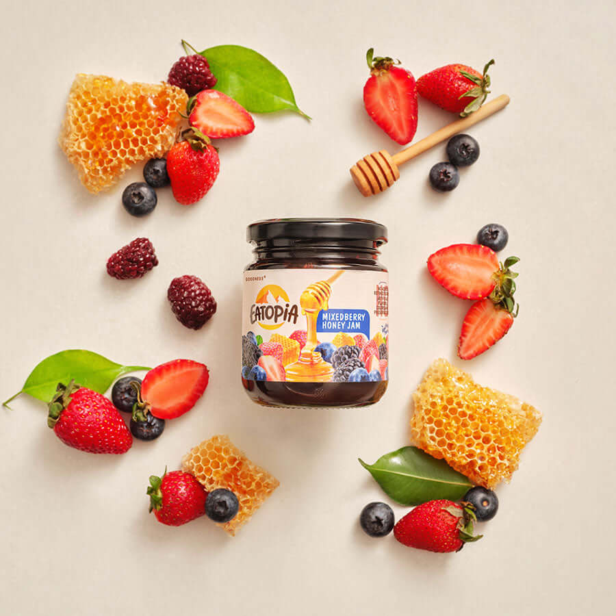 Eatopia Fruit Jam made with Pure Honey | No Refined sugar Mixberry + Strawberry Honey Jam (Combo) 480g