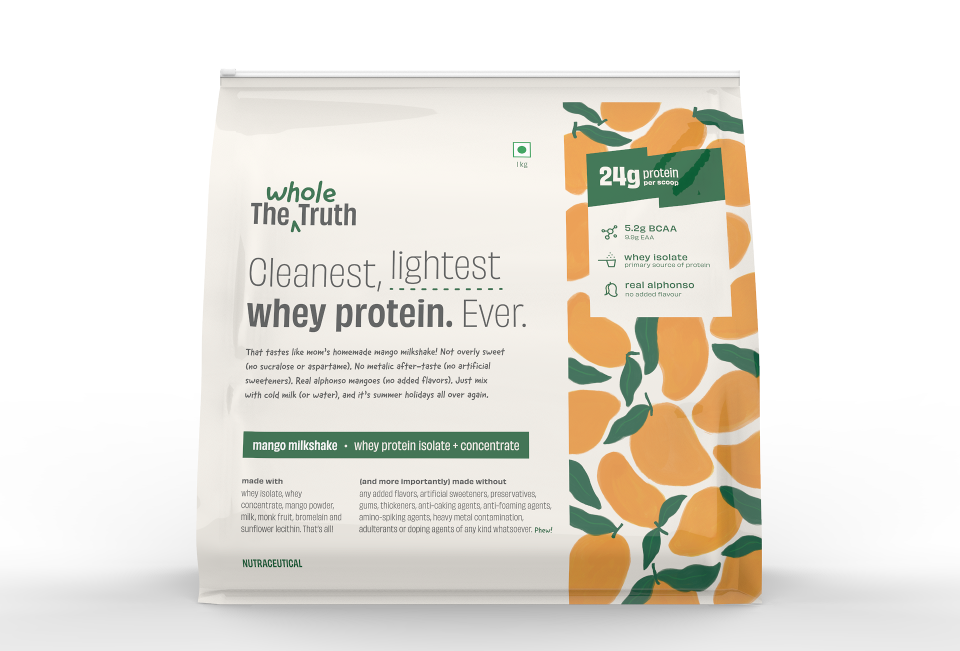 The Whole Truth Mango Milkshake Whey Protein Isolate + Concentrate | 24g Protein/Scoop | 100% Authentic Whey & No Adulteration | Clean, Light & Easy to Digest | Vegetarian