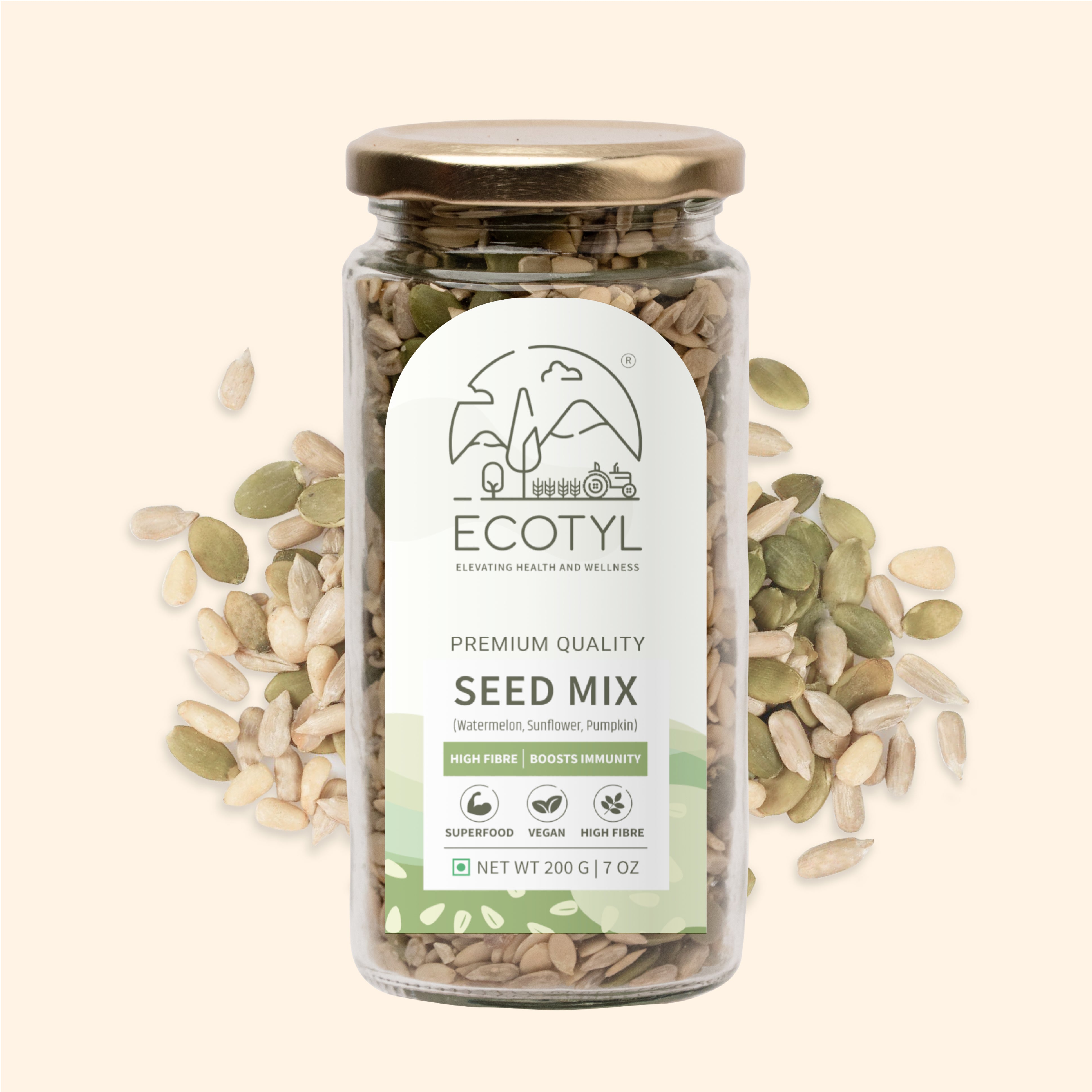 Ecotyl Seed Mix | Sunflower, Pumpkin, and Watermelon Seeds | Unroasted | 200g