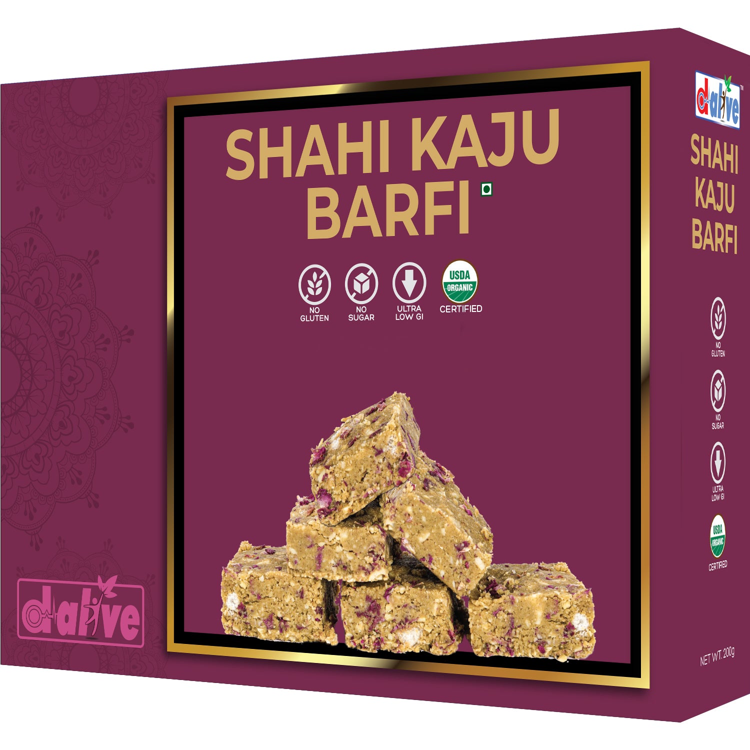 D-Alive Shahi Kaju Barfi (Indian Sweets, Mithai) - 200g (USDA Organic Certified, No Gluten, No Added Sugar, No Artificial Sweeteners, Ultra Low Carb, Keto & Paleo Friendly, No Additives, No Preservatives, No Emulsifiers, Low Carb & High Protein)