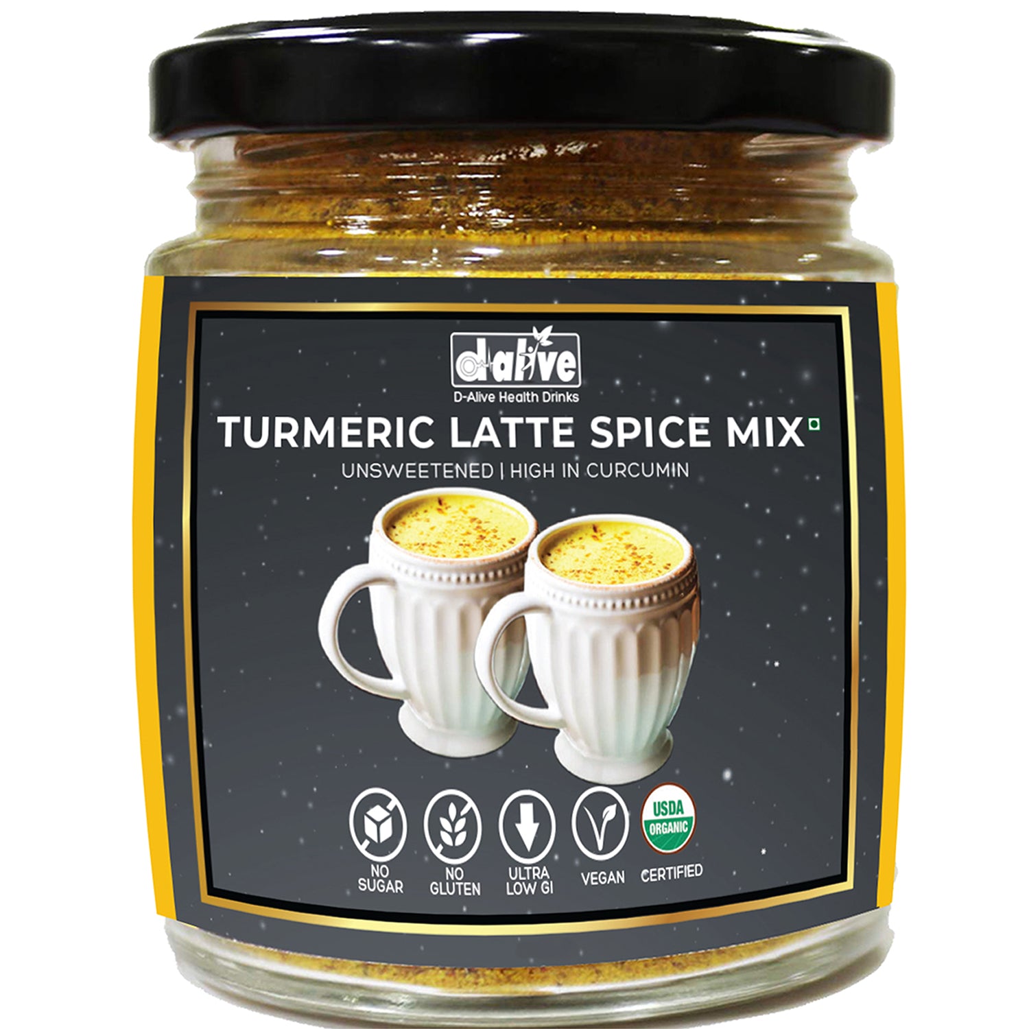 D-Alive Organic Turmeric Latte Spiced Mix Instant Drink Premix (Sugar-Free, Organic, Ultra-Low GI, Vegan, Diabetes and Keto-Friendly, No Emulsifier Antioxidant and Tasty) - 90g