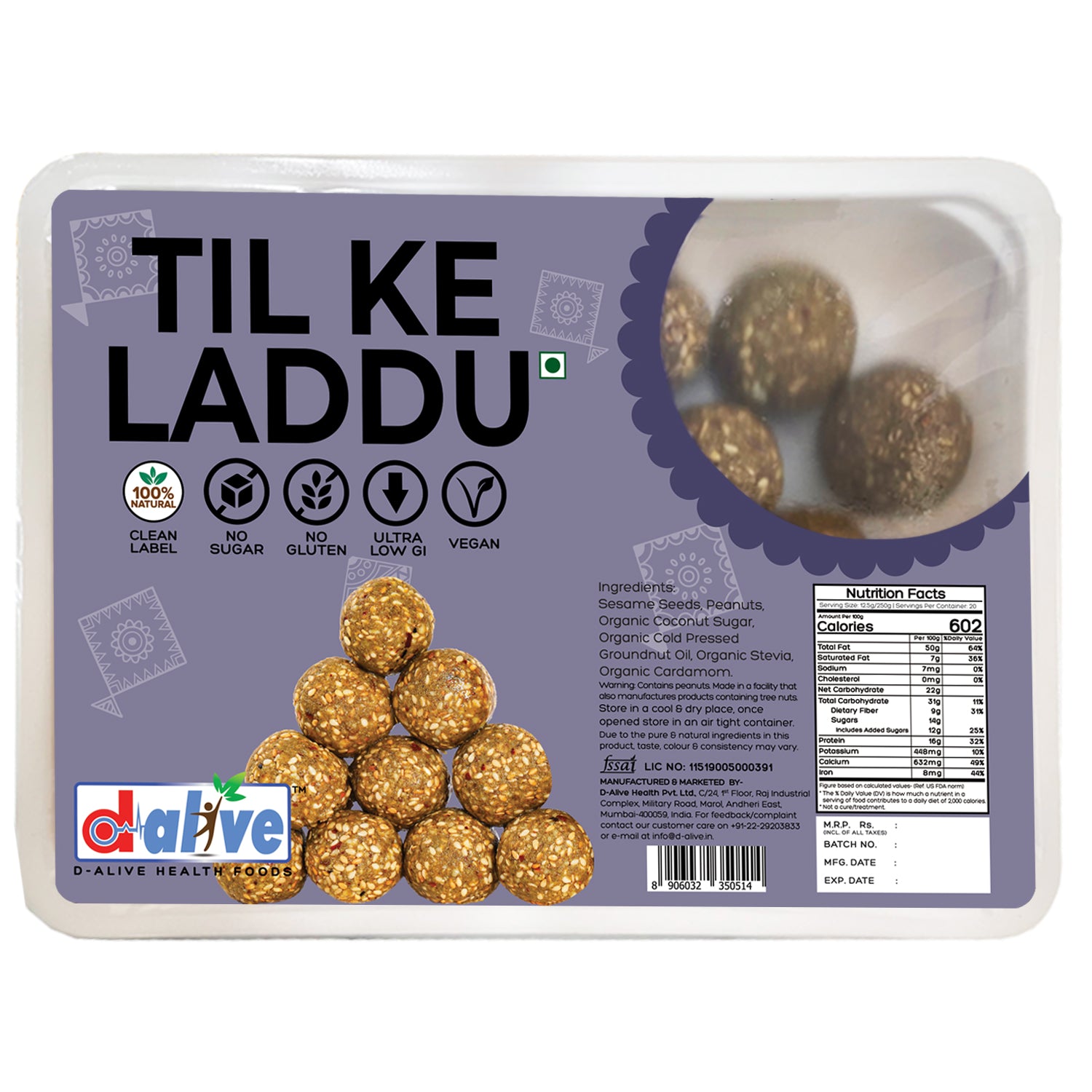 D-Alive TIL KE LADDU, Indian Sweets, Mithai - 250g (20 Servings) - (Sugar-Free, Organic, Gluten-free, Low Carb, No Preservatives, Non-GMO, Keto and Diabetes friendly)