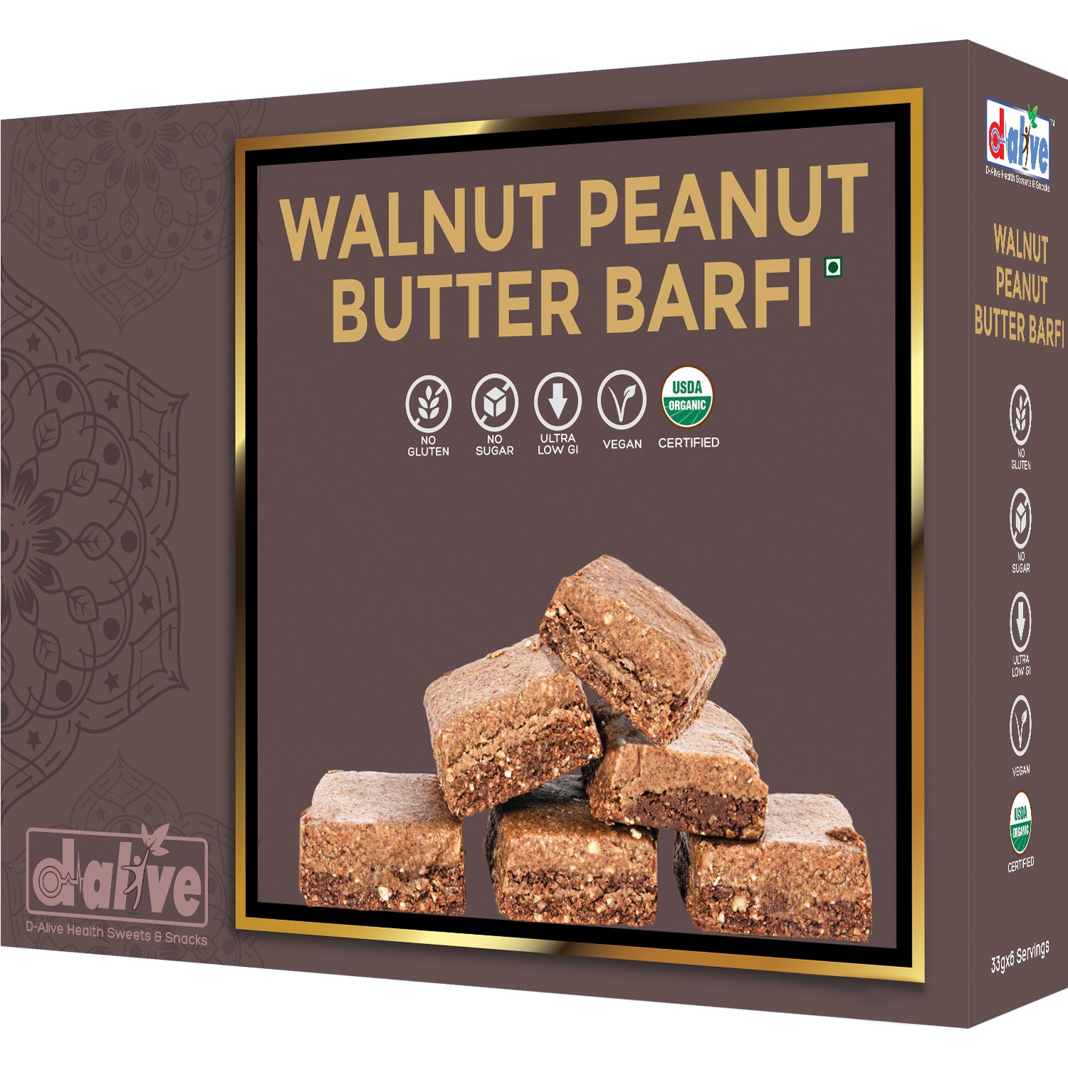 D-Alive Walnut Peanut Butter Barfi - 200g (Organic Certified, Gluten-Free, Vegan, Natural Sweeteners, Non-GMO, No Preservatives, No Trans Fat, No Additives, Low Carb & High Protein)