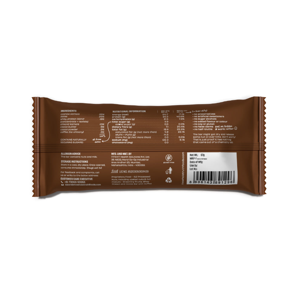 The Whole Truth - High Protein Coffee Cocoa 20g Protein Bar - Pack of 5 x 67g each - No Added Sugar - No Preservatives - No Artificial Flavours - All Natural