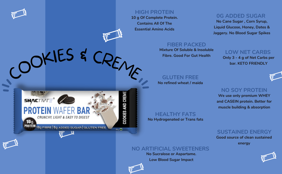 Snactivate Protein Wafer Bars - Cookies and Creme [Pack of 6] | 10g Protein, 10g Fiber, No Added Sugar, Gluten Free, No Soy Protein, No Maltitol  | Delicious wafer based protein bar | 6 x 40g