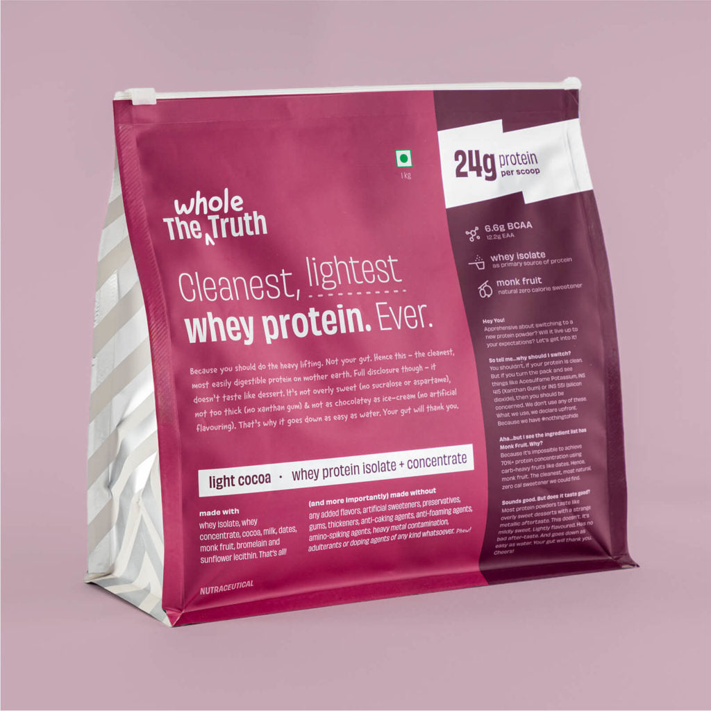 The Whole Truth Whey Protein Isolate+Concentrate | Light Cocoa 1 kg (2.2 lbs) | 24g Protein/Scoop | 6.6g BCAA | 100% Authentic Whey & No Adulteration | Clean, Light & Easy to Digest