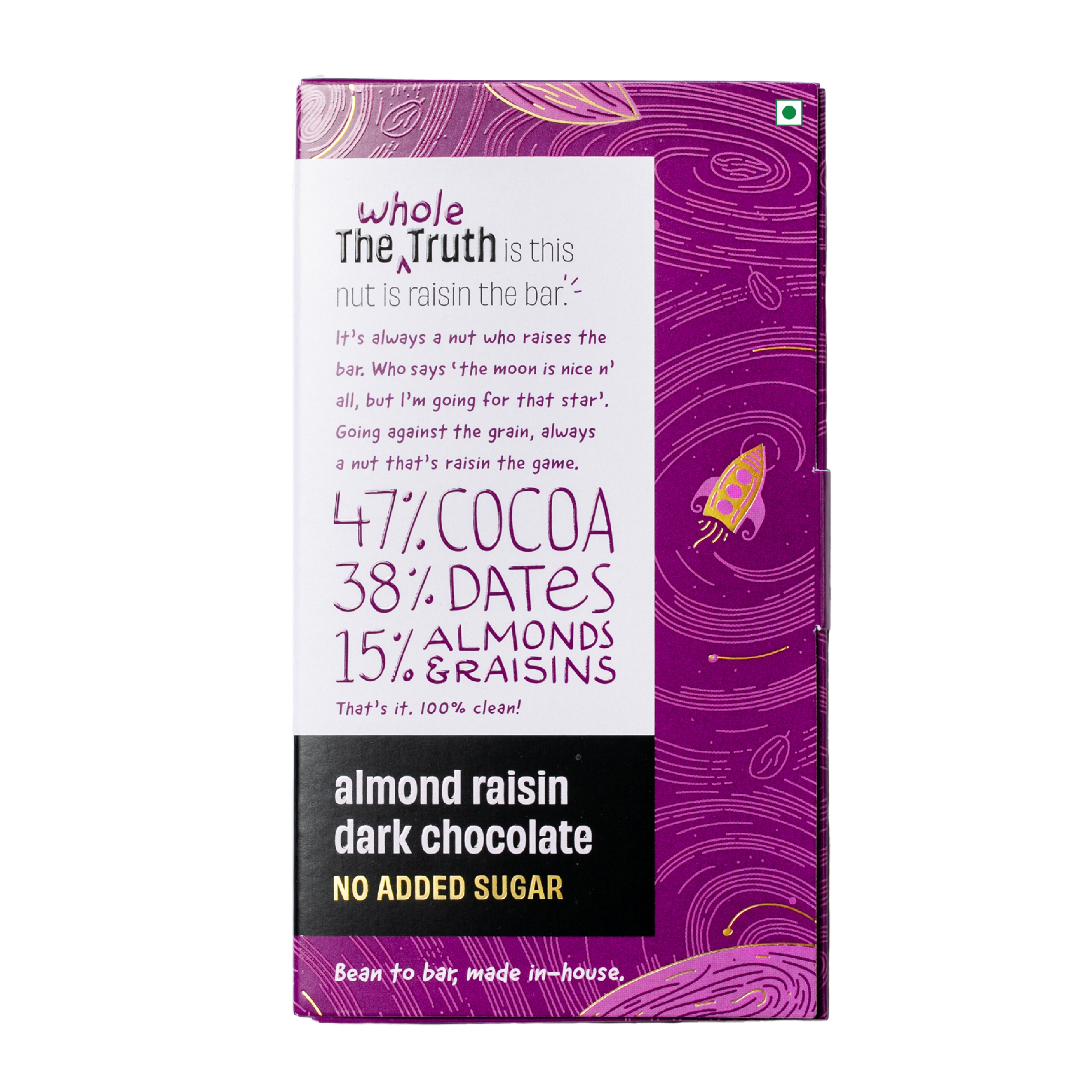 The Whole Truth Dark Chocolate | Almond Raisin | Pack of 2 | No Added Sugar, Only Dates | 47% Cocoa, 38% Dates, 15% Almond & Raisins