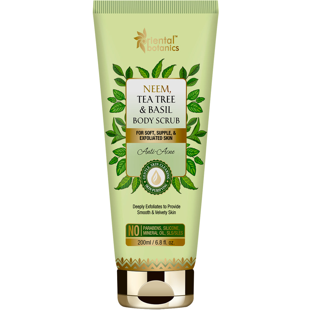 Oriental Botanics Neem, Tea Tree and Basil Anti Acne Body Scrub - For Soft, Supple and Exfoliated Skin - No Parabens, Silicones, 200 ml