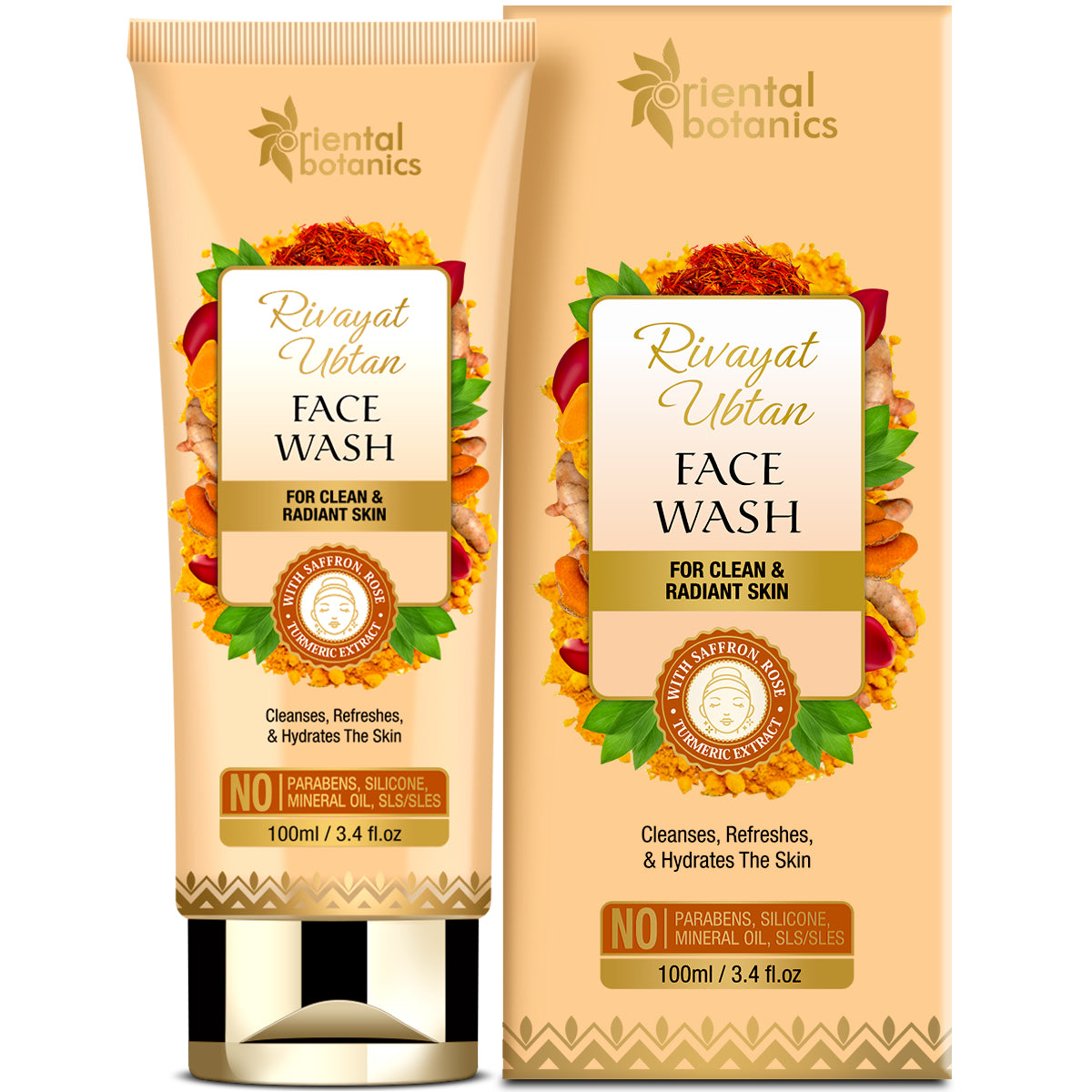 Oriental Botanics Rivayat Ubtan Face Wash For Clean and Radiant Skin - With Saffron, Rose and Turmeric Extract - No Parabens, Silicone, Mineral Oils, 100 ml