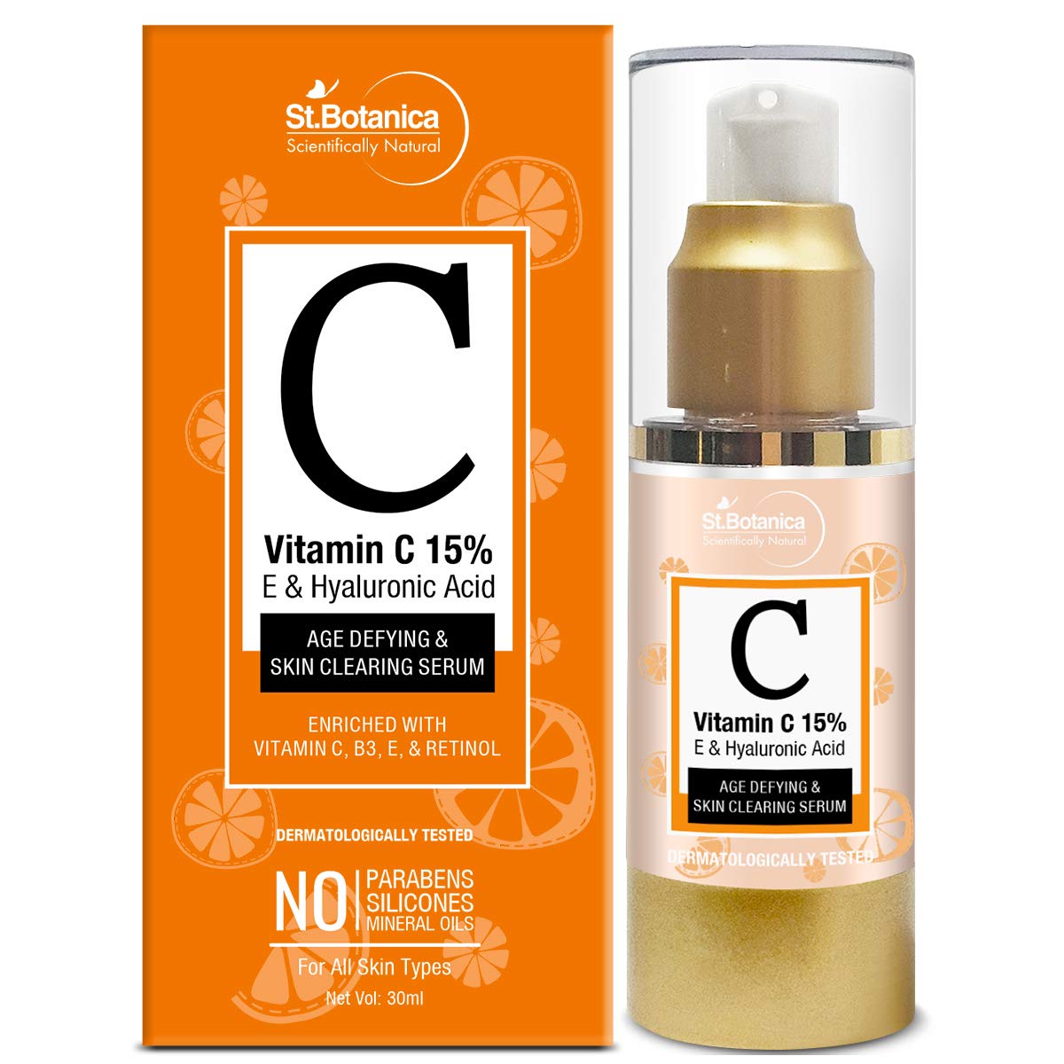 St.Botanica Vitamin C 15%, E & Hyaluronic Acid Face Serum - Age Defying & Skin Clearing Serum (Brightening + Anti Aging), 30 ml (STBOT577)