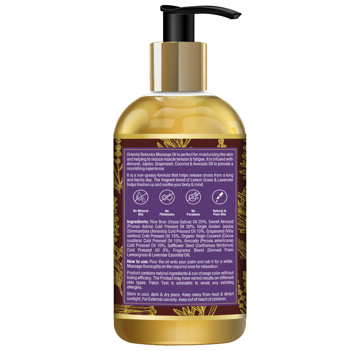 Oriental Botanics Body Massage Oil, Lemongrass and Lavender, No Mineral Oil, 200 ml (ORBOT12)