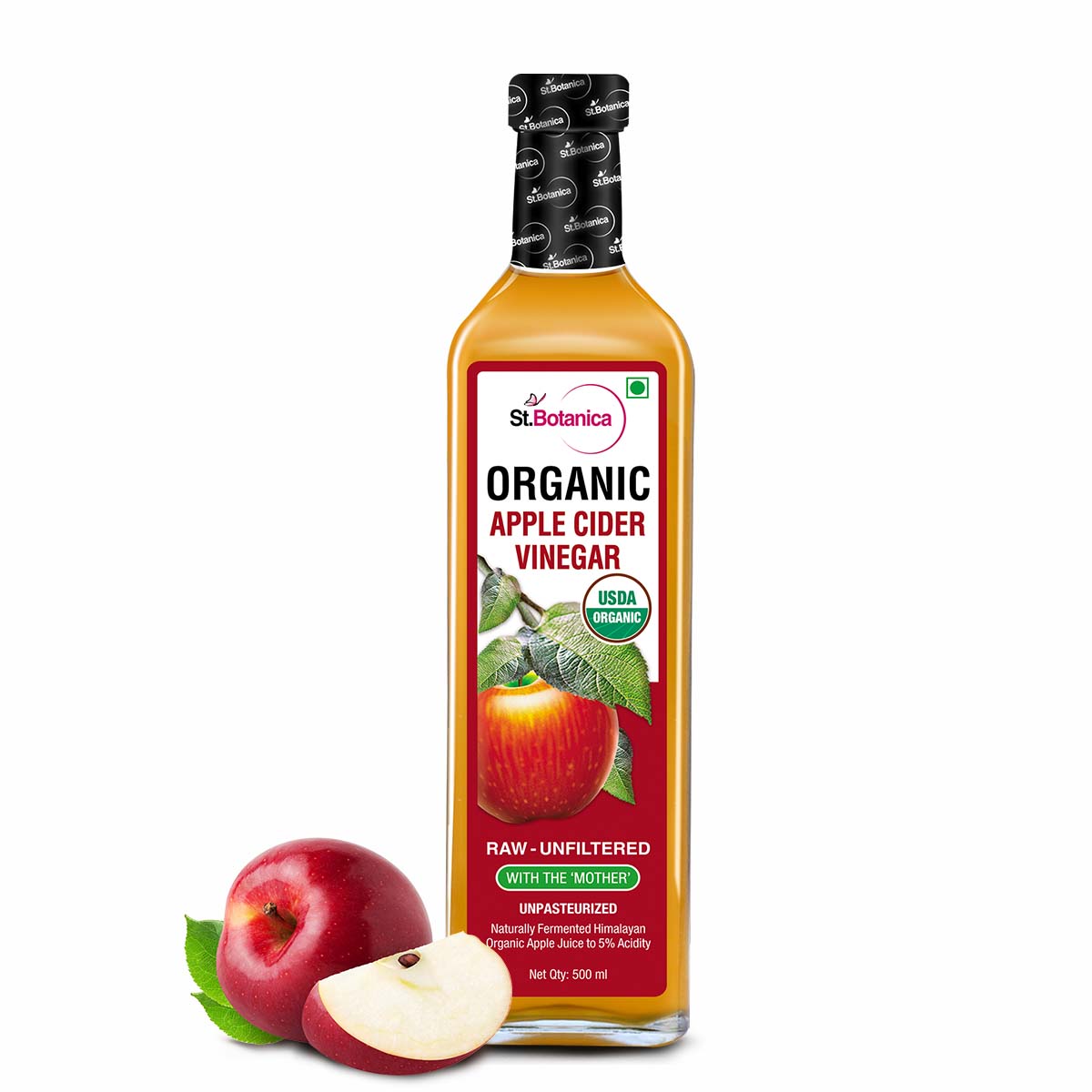 St.Botanica USDA Organic Apple Cider Vinegar With The Mother - Raw, Unfiltered, UnPasteurized - 500ml (Glass Bottle)