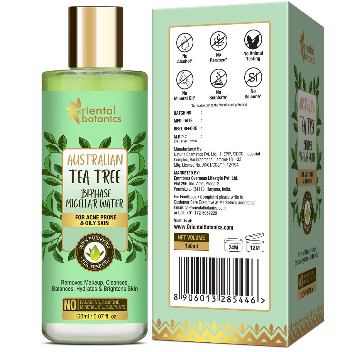 Oriental Botanics Australian Tea Tree Bi-Phase Micellar Water, Removes Makeup & Cleanses No Sls or Alcohol, 150 ml (ORBOT70)