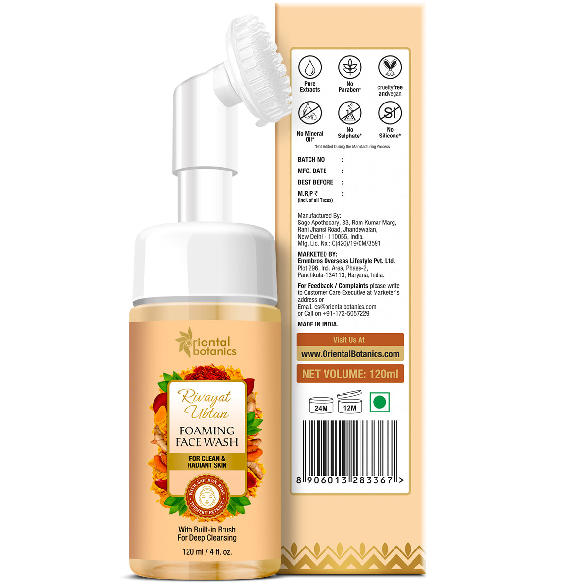 Oriental Botanics Rivayat Ubtan Foaming Face Wash With Built-In Brush, For Clear and Radiant Skin - With Saffron, Rose and Turmeric Extract, 120 ml