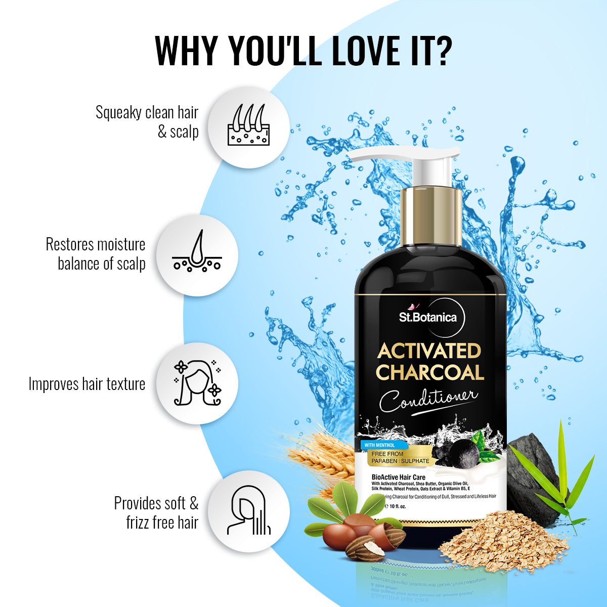 St.Botanica Activated Charcoal Hair Shampoo, No SLS/Sulphate, Paraben or Silicon - Refreshing Menthol, Organic Olive & Almond Oil, Vitamin B5, E, Oats & Silk Protein, 300 ml
