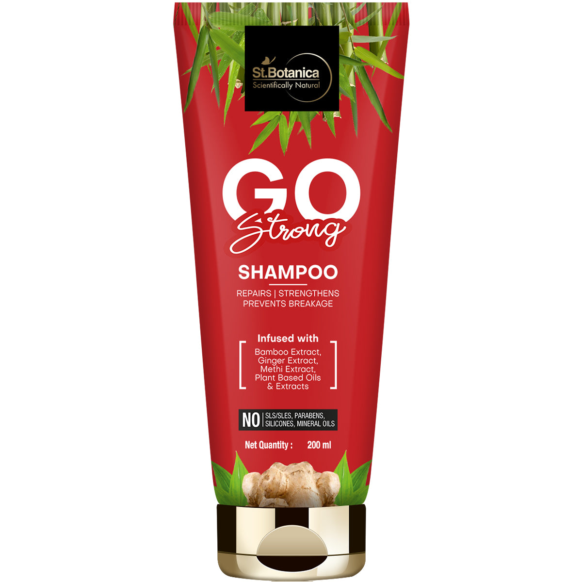 St.Botanica GO Strong Hair Shampoo - With Bamboo, Ginger, Methi Extract, No SLS / Sulphate, Paraben, Silicones, Colors, 200 ml