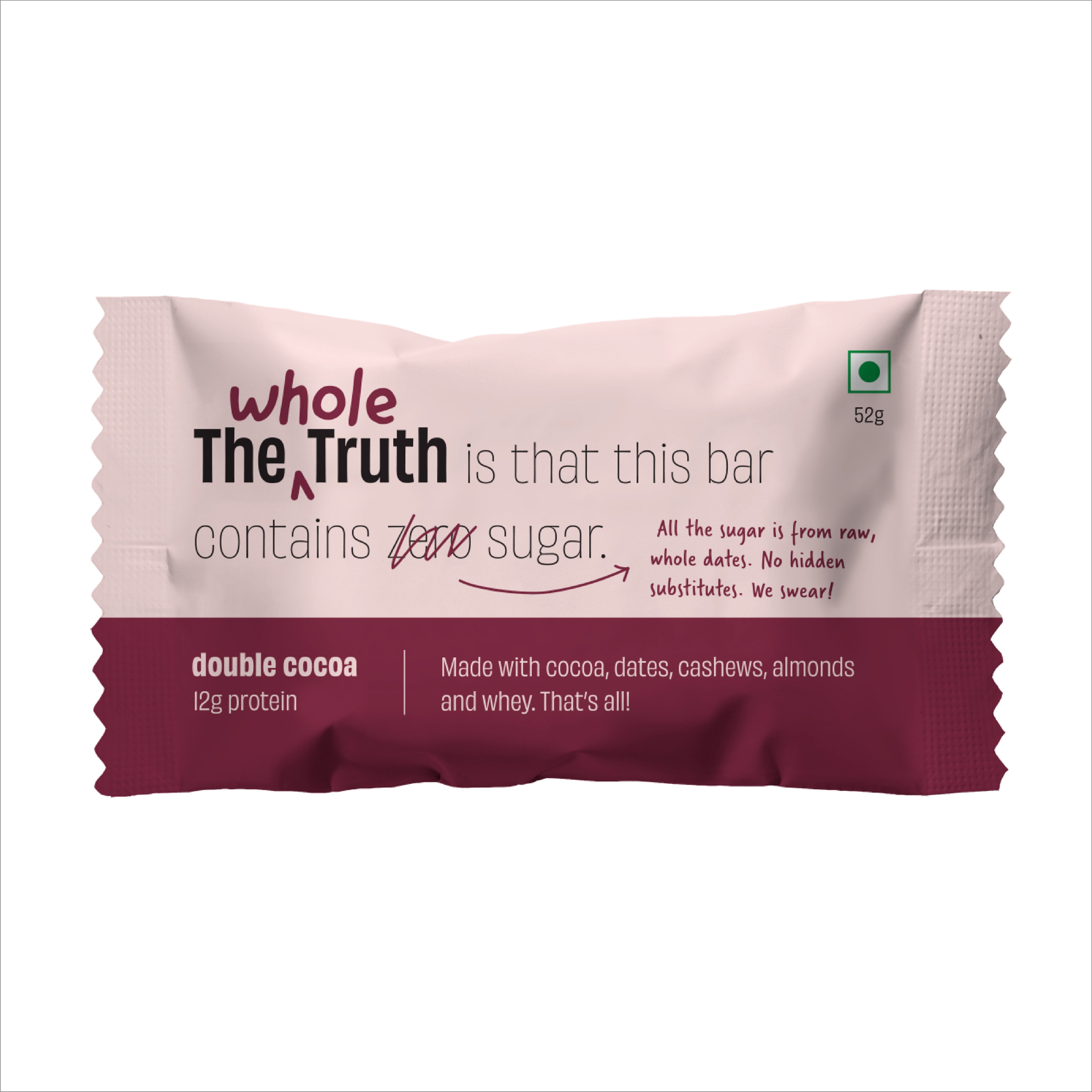 The Whole Truth - Protein Bars - Double Cocoa - Pack of 6 (6 x 52g) - No Added Sugar - All Natural