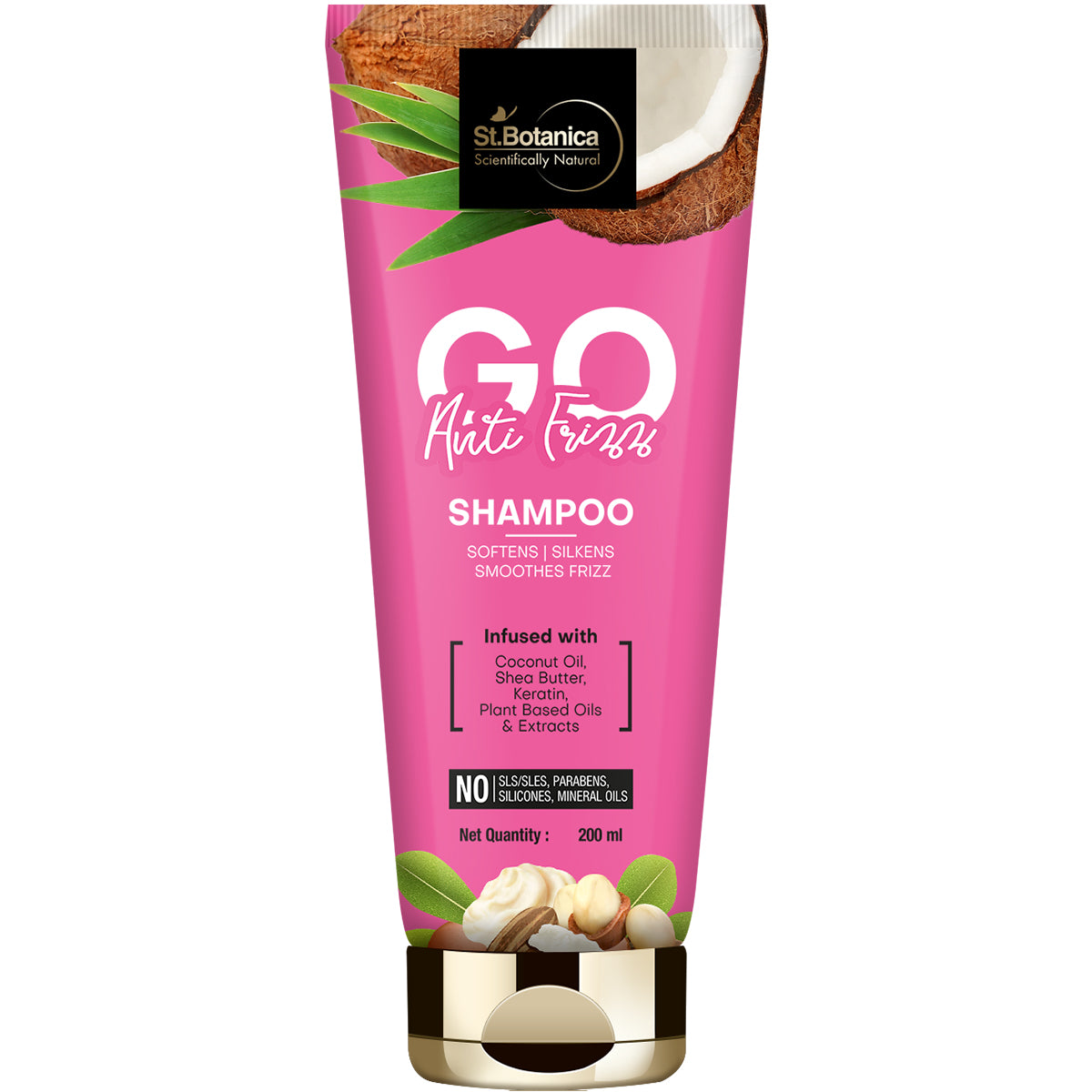 St.Botanica GO Anti-Frizz Hair Shampoo - With Coconut Oil, Shea Butter, Keratin, No SLS/Sulphate, Paraben, Silicones, Colors, 200ml