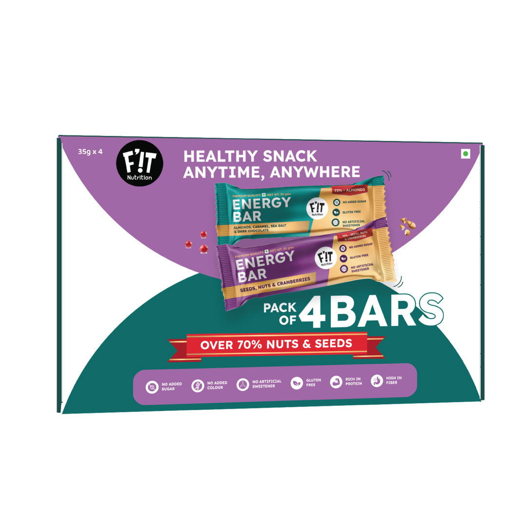 FiT Nutrition Energy Bar | Combo Pack | Almonds (73%) & Dark Chocolate + Cranberries (70%) & Nuts | No Added Sugar | 140g (35g X 4)