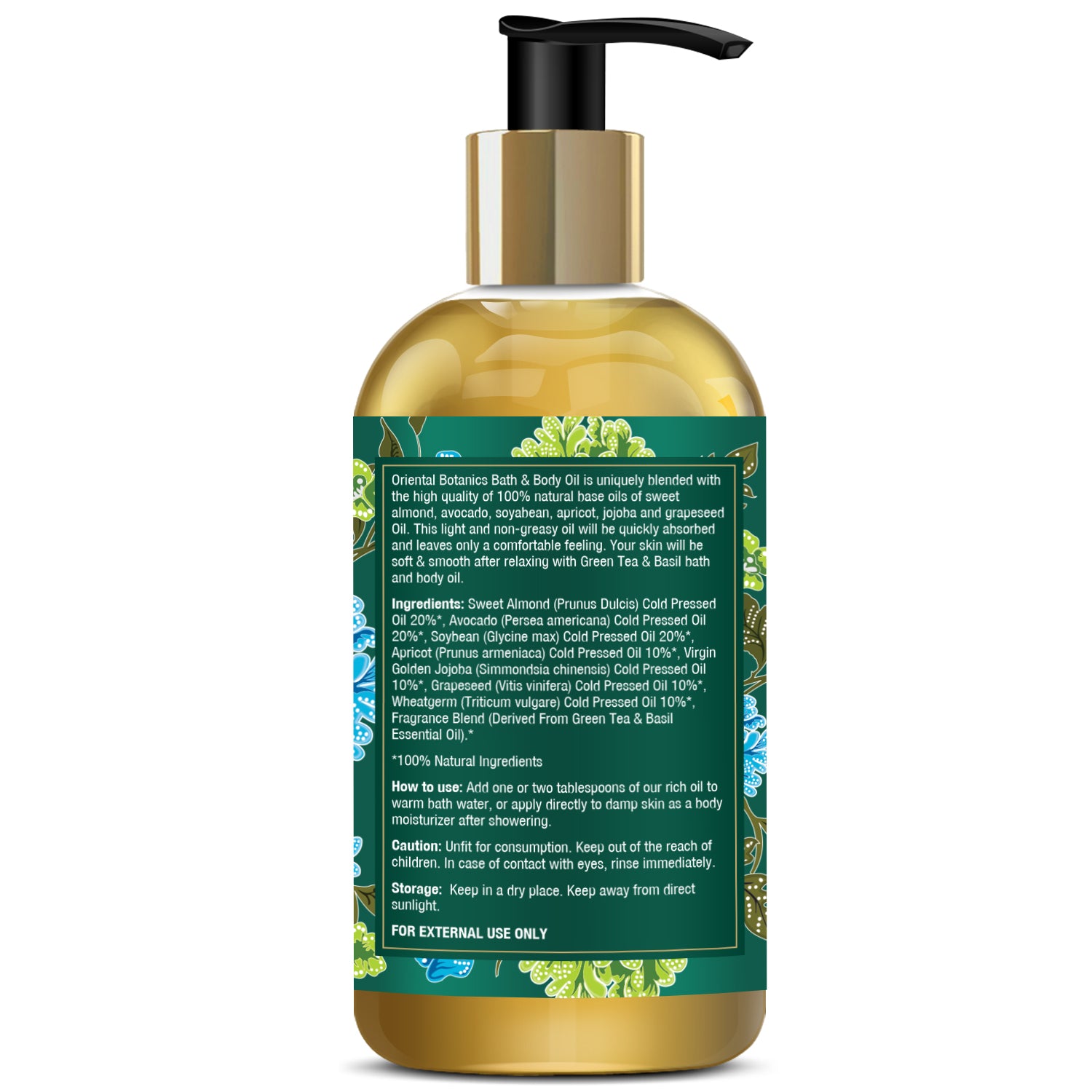 Oriental Botanics Bath & Body Oil (Green Tea & Basil) - No Mineral Oil, 200 ml (ORBOT08)