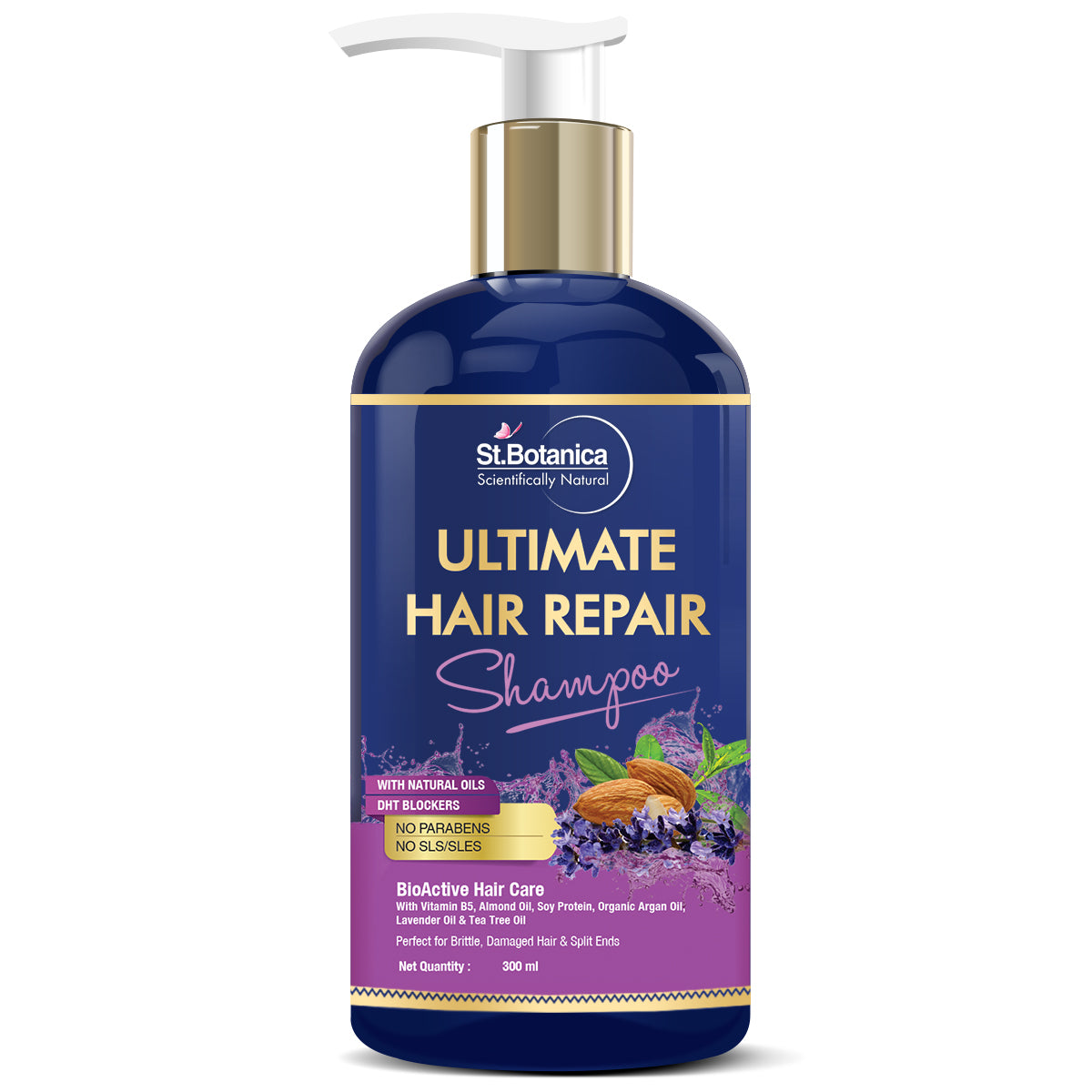 St.Botanica Ultimate Hair Repair Shampoo, No Sls/Sulphate, Paraben or Silicon - With Vitamin B3, B5, Organic Argan Oil, Almond Oil, Saw Palmetto, Coconut Oil, 300 ml