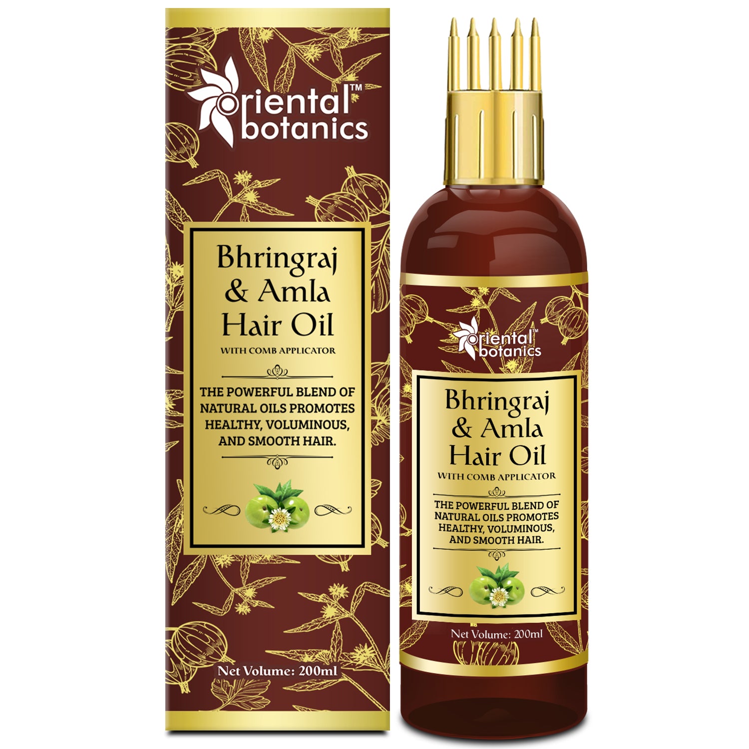 Oriental Botanics Bhringraj & Amla Hair Oil With Comb Applicator - Promotes Healthy, Voluminous & Smooth Hair, 200 ml