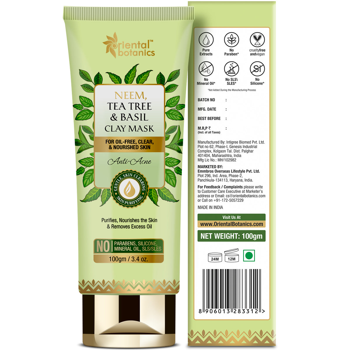 Oriental Botanics Neem, Tea Tree and Basil Anti Acne Clay Mask - For Oil Free, Clear and Nourished Skin - No Parabens, Silicones, 100 g