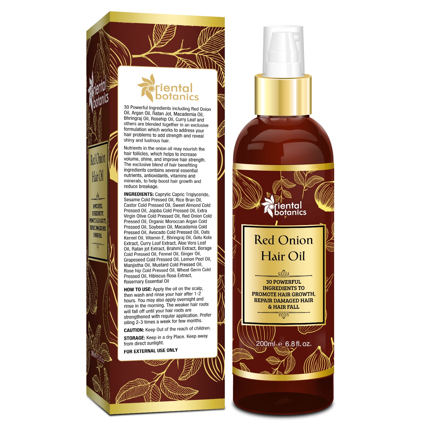 Oriental Botanics Red Onion Hair Oil, With 30 Oils & Extracts, Argan Oil, Castor, Bhringraj, Almond Oil, 200 ml