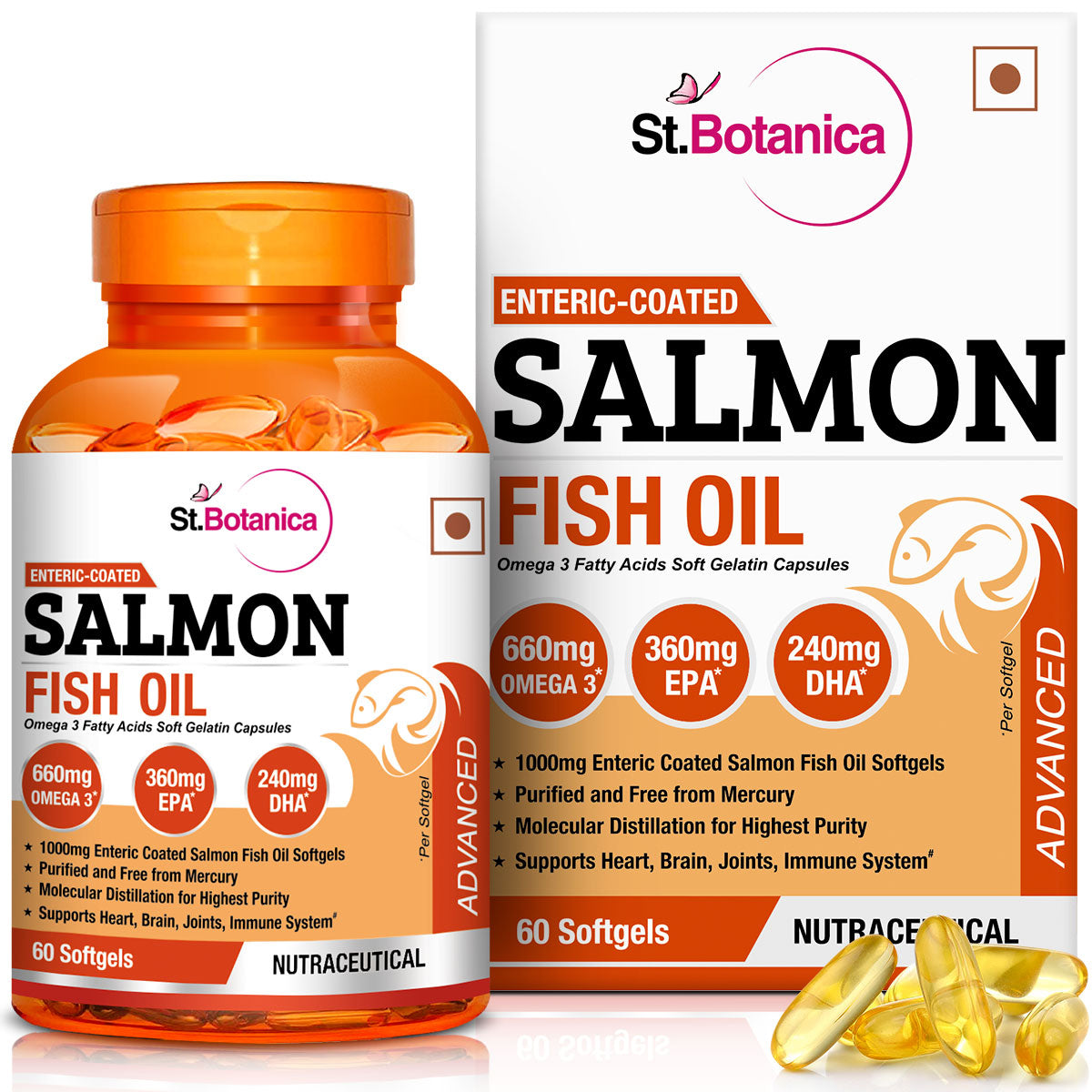 St.Botanica Salmon Fish Oil 1000mg Advanced Double Strength 660mg Omega 3 with 360mg EPA, 240mg DHA - 60 Enteric Coated Softgels