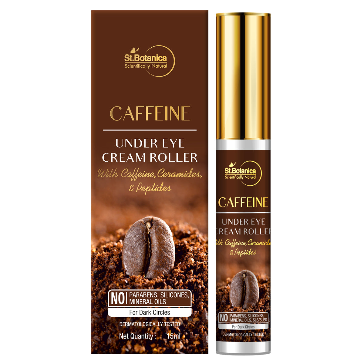 St.Botanica Caffeine 1% Under Eye Cream Roller With Ceramides And Peptides, 15 ml