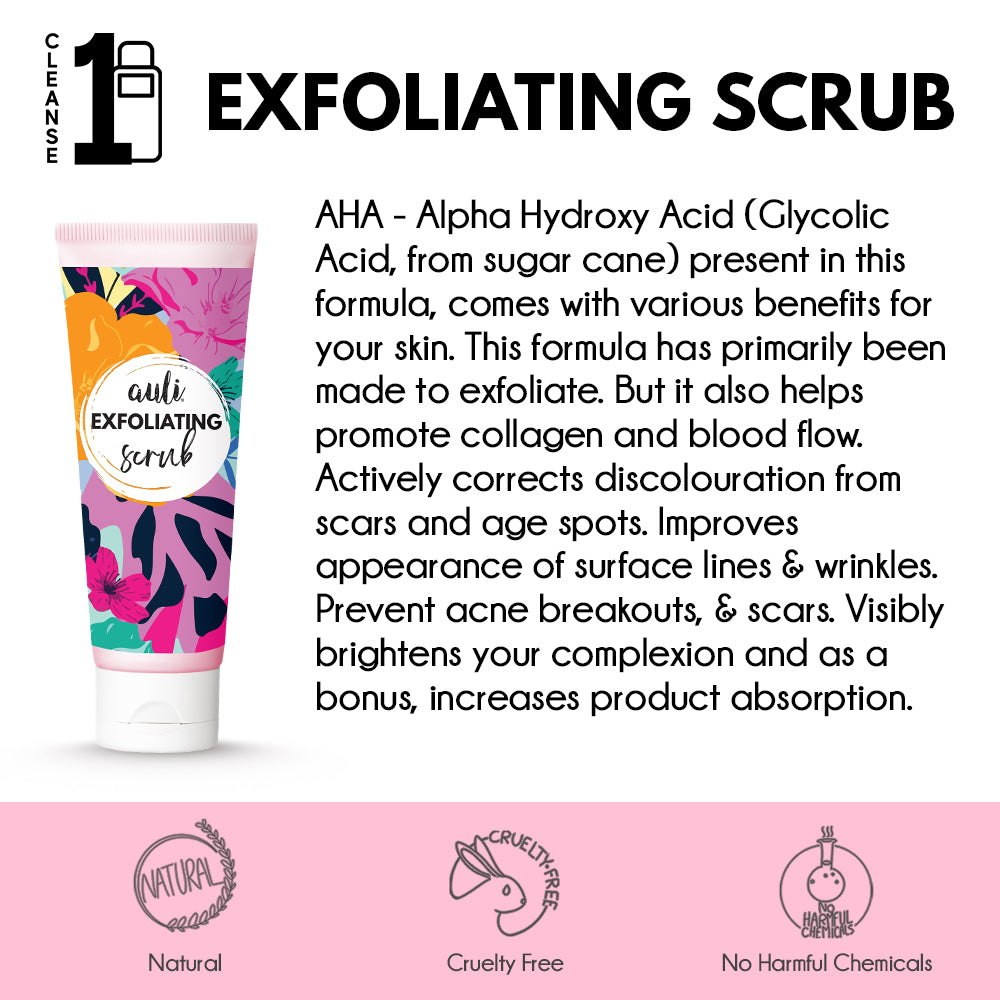 Auli Exfoliating Scrub AHA 5% and Licorice Scrub for all skin types, helps deeply cleanse pores and reduces visible signs of premature ageing - 100GM