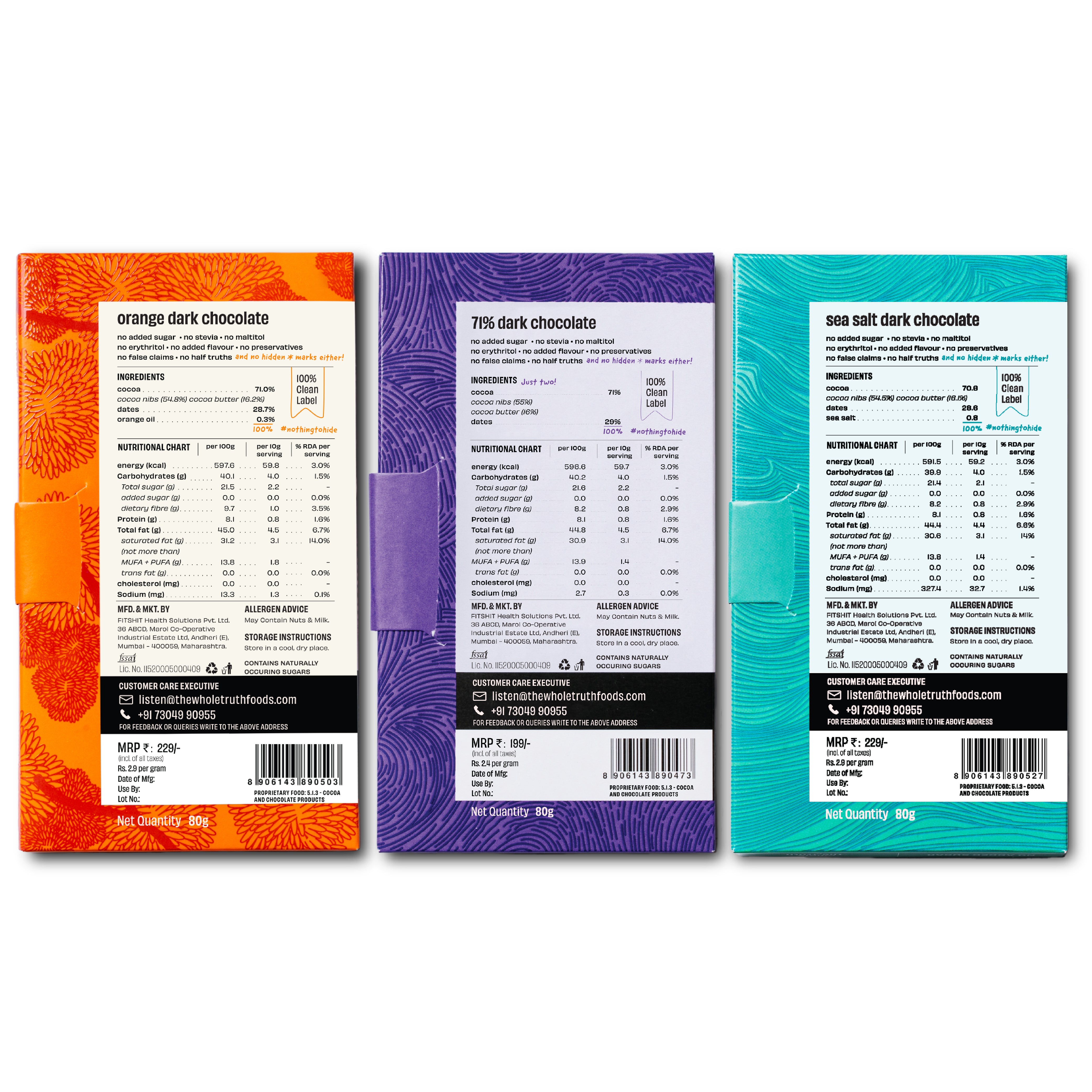 The Whole Truth - Dark Chocolate Combo | 71% Dark Chocolate + Orange + Sea Salt | Pack of 3 x80g | No Added Sugar | Bean to Bar | Vegan | No Artificial Flavours | Portion Controlled | Vegetarian