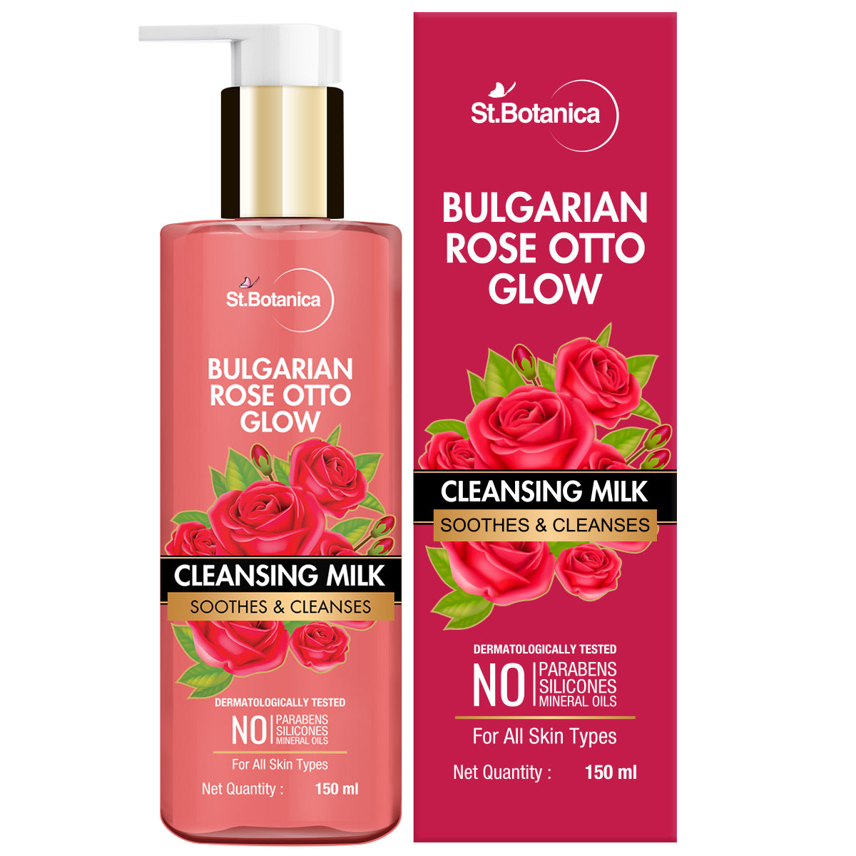 St.Botanica Bulgarian Rose Otto Glow Cleansing Milk Soothes & Cleanses No Paraben & Sls, 150 ml (STBOT679)