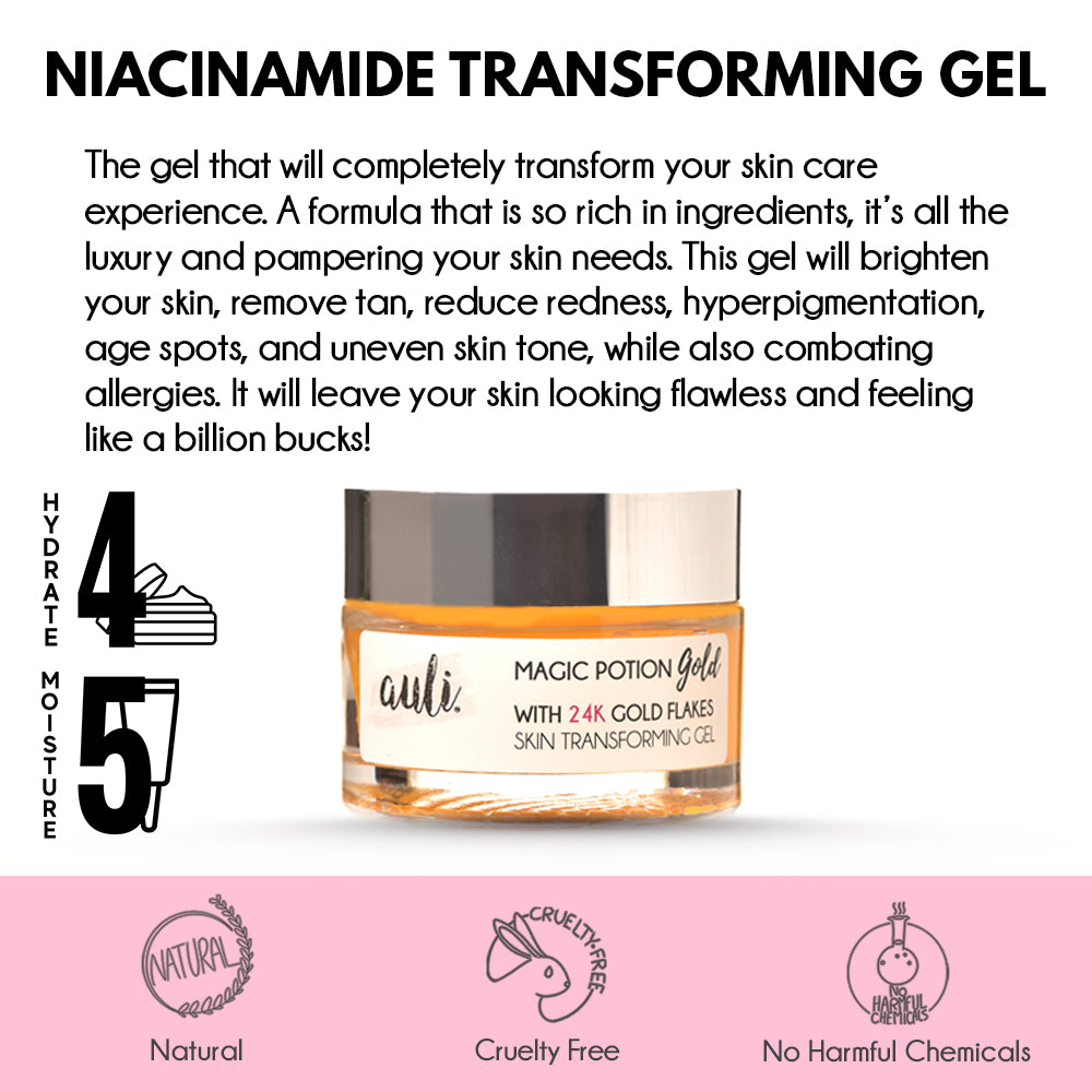 Auli Magic Potion Gold Gel | With Niacinamide and 24K Gold Flakes | For all skin types | Anti-acne & Brightening | 60gm