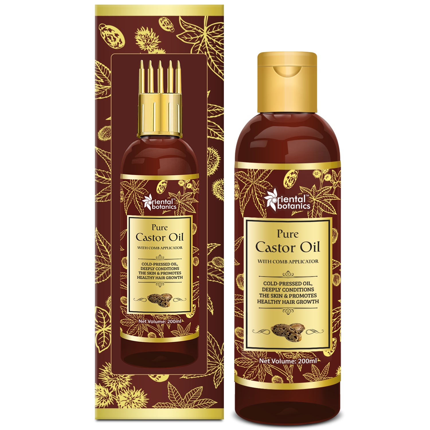 Oriental Botanics Castor Oil - For Eyelashes, Hair and Skin Care - With Comb Applicator - Pure Oil With No Mineral Oil, Silicones, 200 ml
