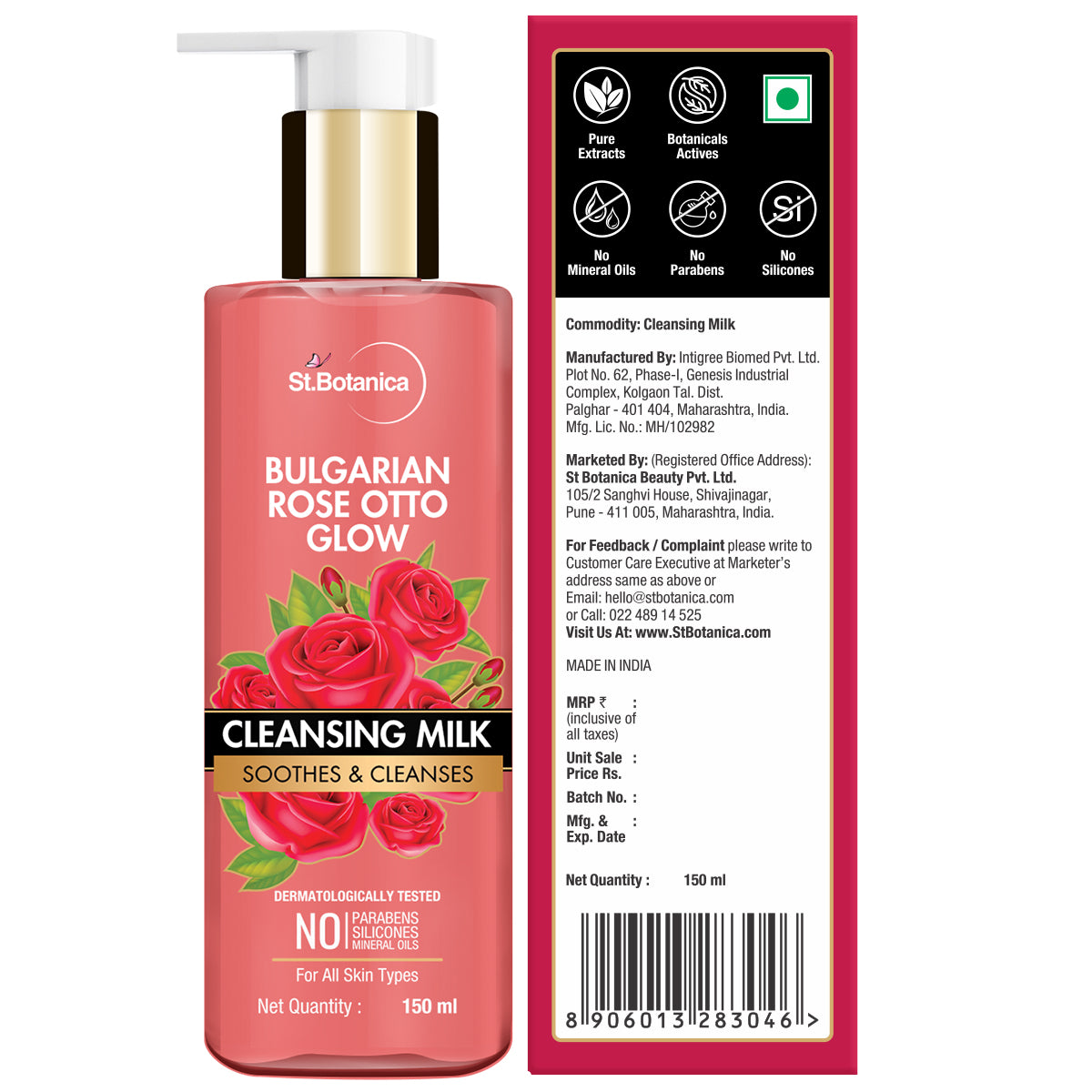 St.Botanica Bulgarian Rose Otto Glow Cleansing Milk Soothes & Cleanses No Paraben & Sls, 150 ml (STBOT679)