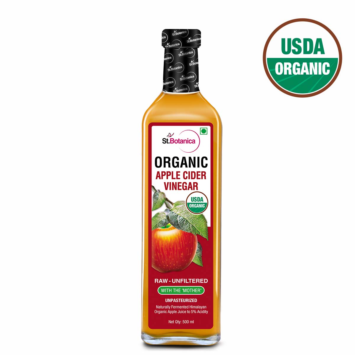 St.Botanica USDA Organic Apple Cider Vinegar With The Mother - Raw, Unfiltered, UnPasteurized - 500ml (Glass Bottle)
