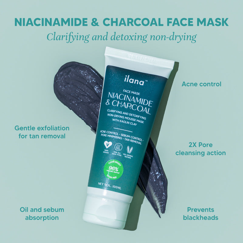 Ilana - Niacinamide and Charcoal face mask - Clarifying and detoxing mousse with Kaolin Clay - 100ml