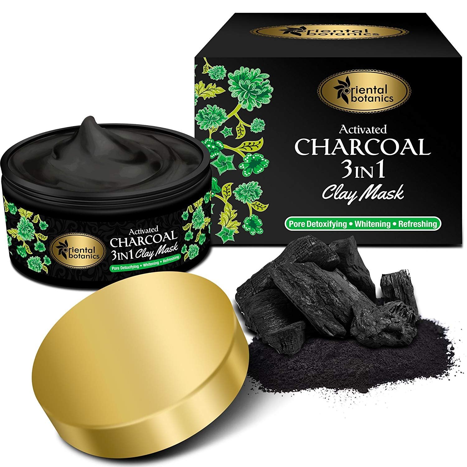 Oriental Botanics Activated Charcoal 3 In 1 Clay Mask, 100 g | Detoxifying, Whitening, Refreshing