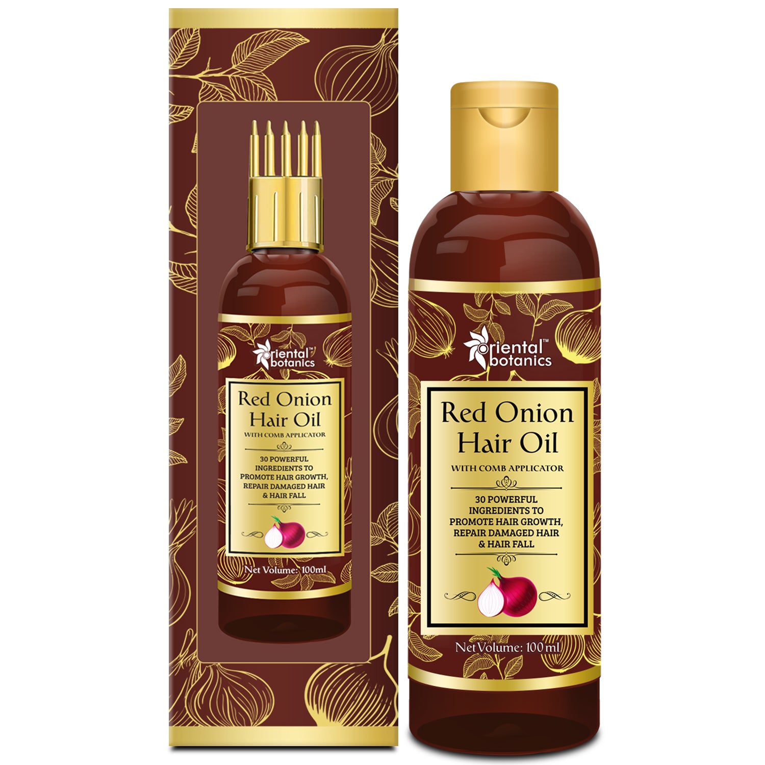 Oriental Botanics Red Onion Hair Oil With Comb Applicator - With 30 Oils & Extracts For Stronger Growth and To Control Hair Fall, 100 ml, 100ml + comb applicator