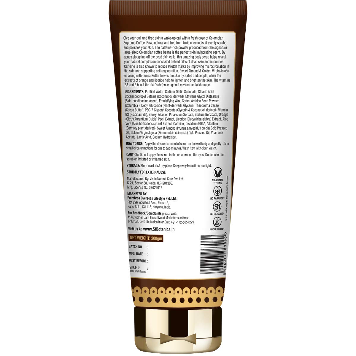 St.Botanica Colombian Supremo Coffee Body Scrub With Coffee, Caffeine And Cocoa Butter No SLS, Paraben, 200 ml (STBOT700)