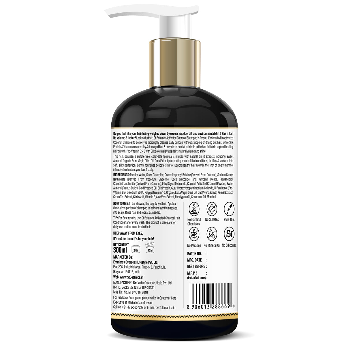 St.Botanica Activated Charcoal Hair Shampoo, No SLS/Sulphate, Paraben or Silicon - Refreshing Menthol, Organic Olive & Almond Oil, Vitamin B5, E, Oats & Silk Protein, 300 ml